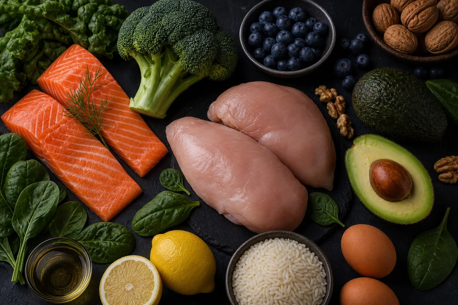 Overhead spread of salmon, chicken, eggs, greens, and fruit
